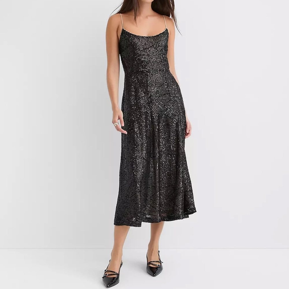 LOFT Petite Shimmer Sequin Midi Cocktail Wedding Guest Evening Dress - Black 8P